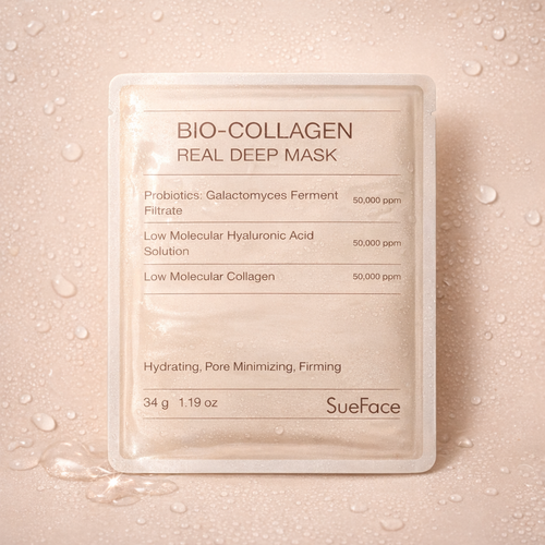 Bio-Collagen Real Deep Mask by SueFace on a pink background